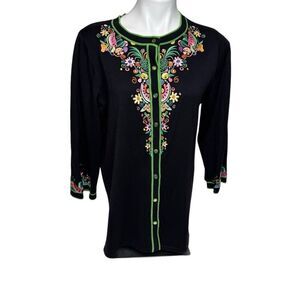 Bob Mackie black fruit embroidered 3/4 sleeve button up cardigan size M
